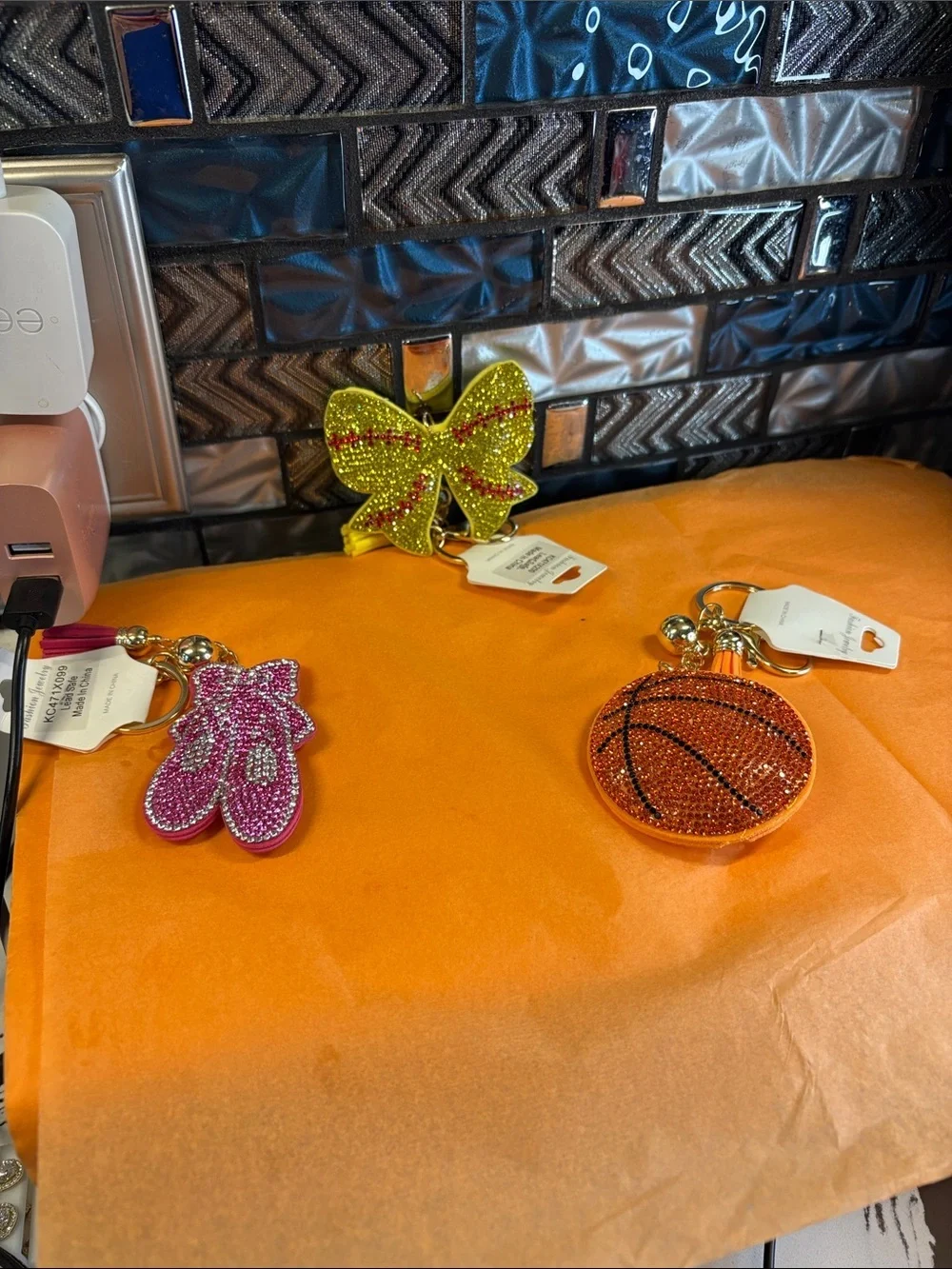 Crystal Basketball Keychain Key & Card Holder - Orange